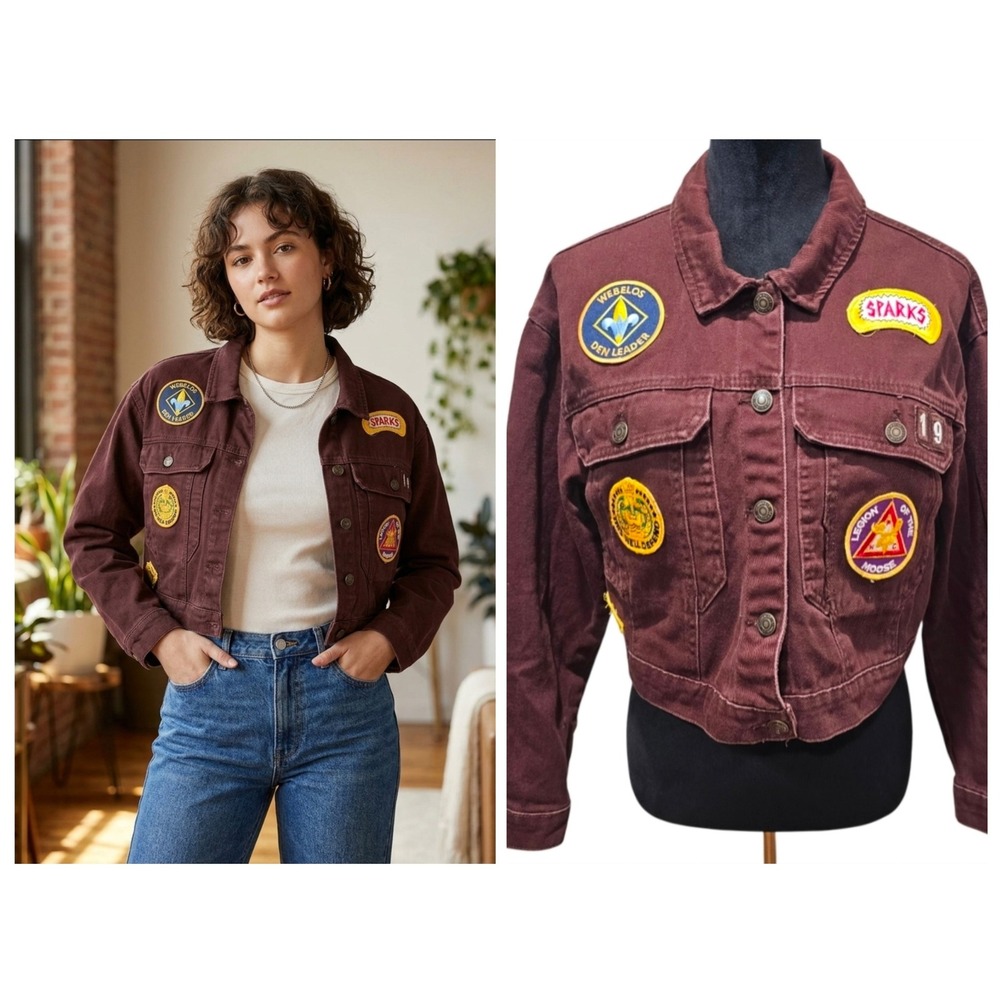 Stoosh Patchwork Denim Jacket Women Sz L Brown Cropped Scout Patches Streetwear